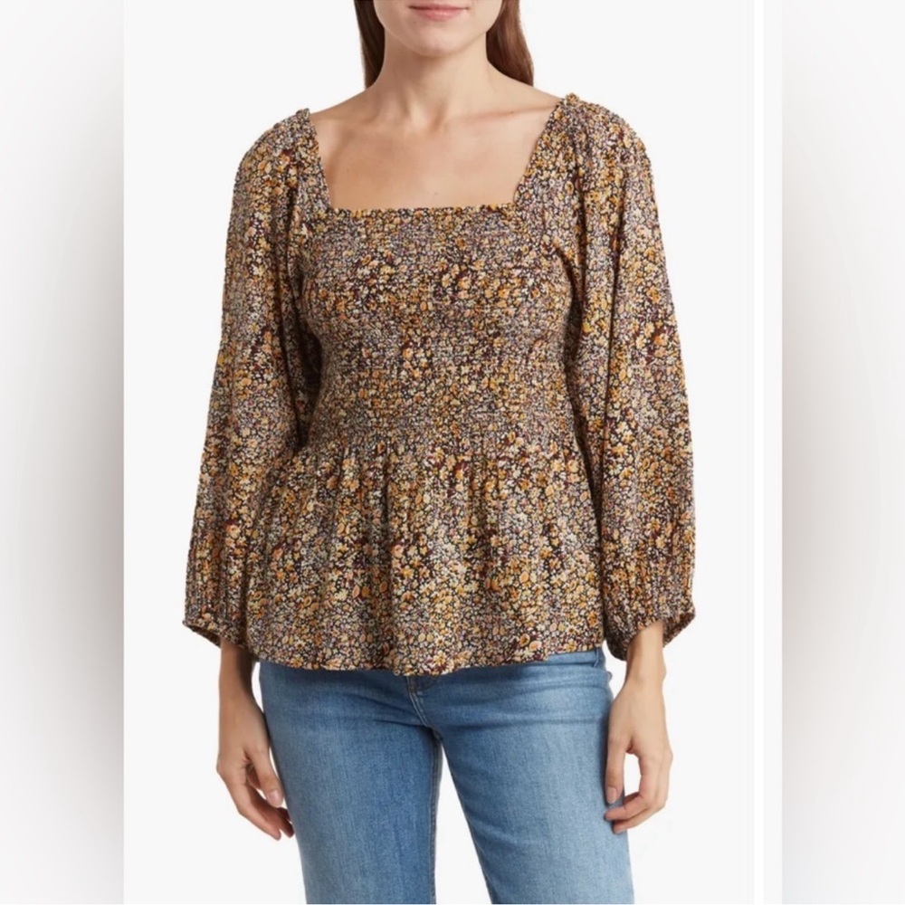 Madewell Lucie Floral Smoked Top Size 4 Black Yellow Women’s Balloon Long Sleeve